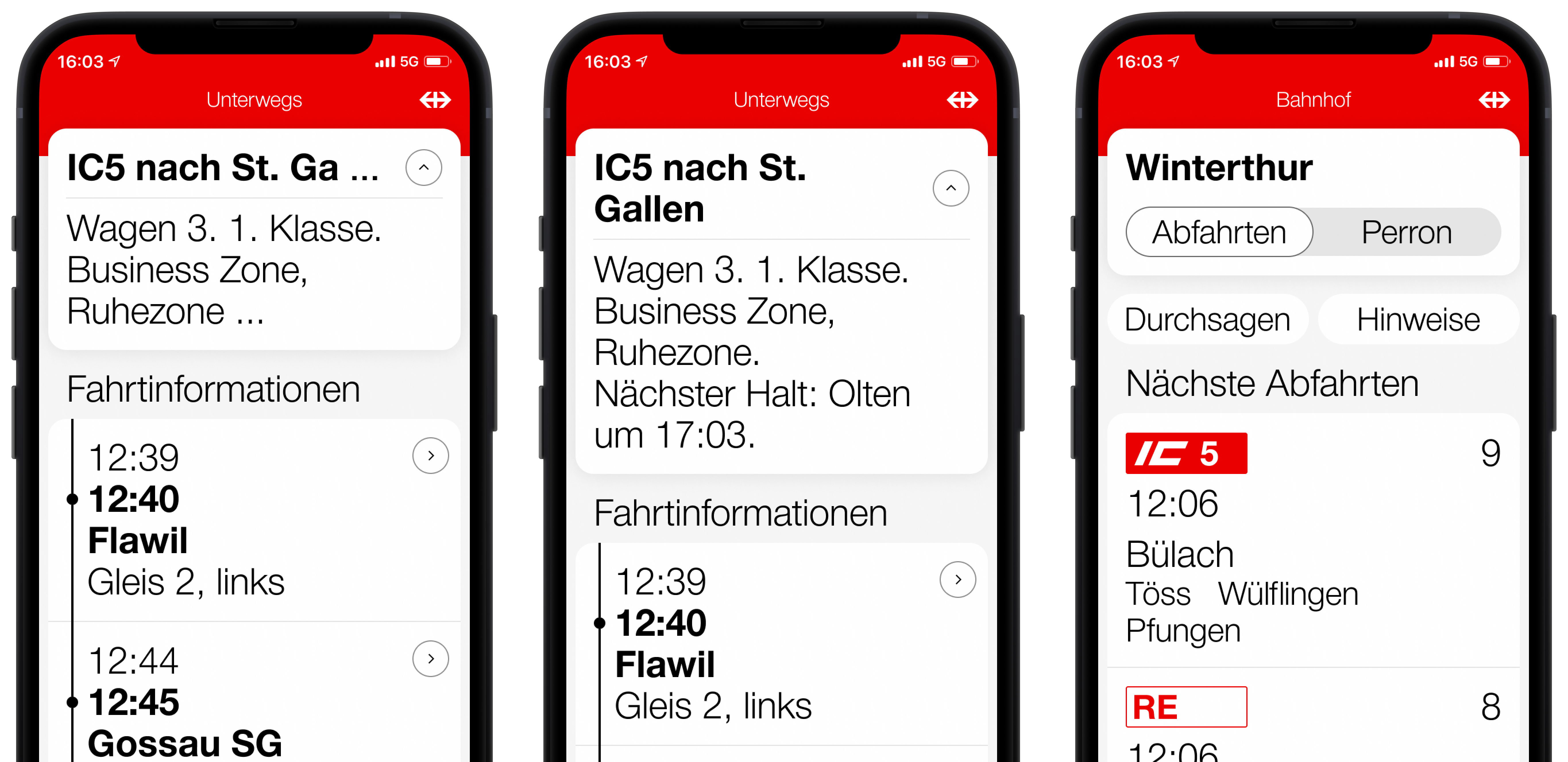 The image shows three mobile phone screens of SBB Inclusive. The first two screens show the view in the ‘Unterwegs’ (En route) tab. Text that is too long is truncated by three dots on the left of the screen. It is presented correctly in the second screen: the app permits multi-line text. The ‘Bahnhof’ (Station) tab is shown in the third image. The display of the text in the buttons is reduced so that the buttons are not truncated.