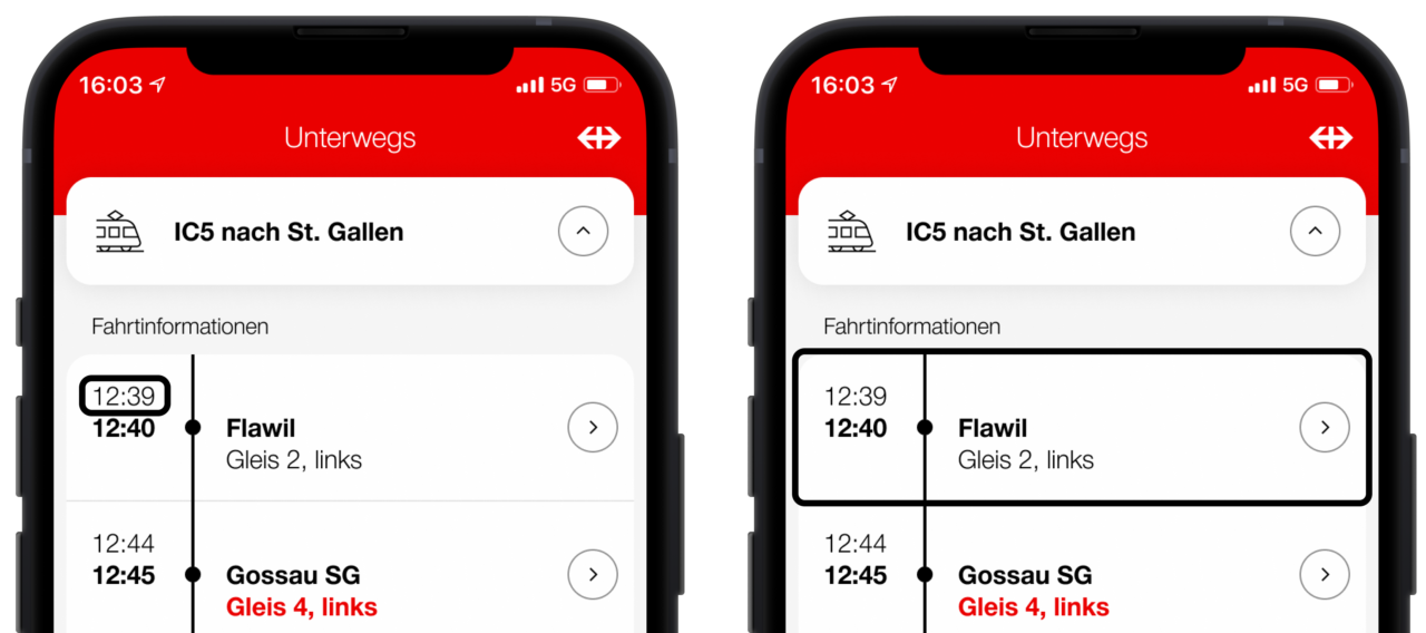 This image also shows two SBB Inclusive screens where the screen reader focus with a border is also depicted this time. Only a time (arrival in Flawil) is bordered in the left-hand screen. The entire entry with arrival and departure times, the stop, the arrival platform and the exit side is bordered in the right-hand screen. This means the right-hand screen focuses on the entire text block which is read out as a whole.