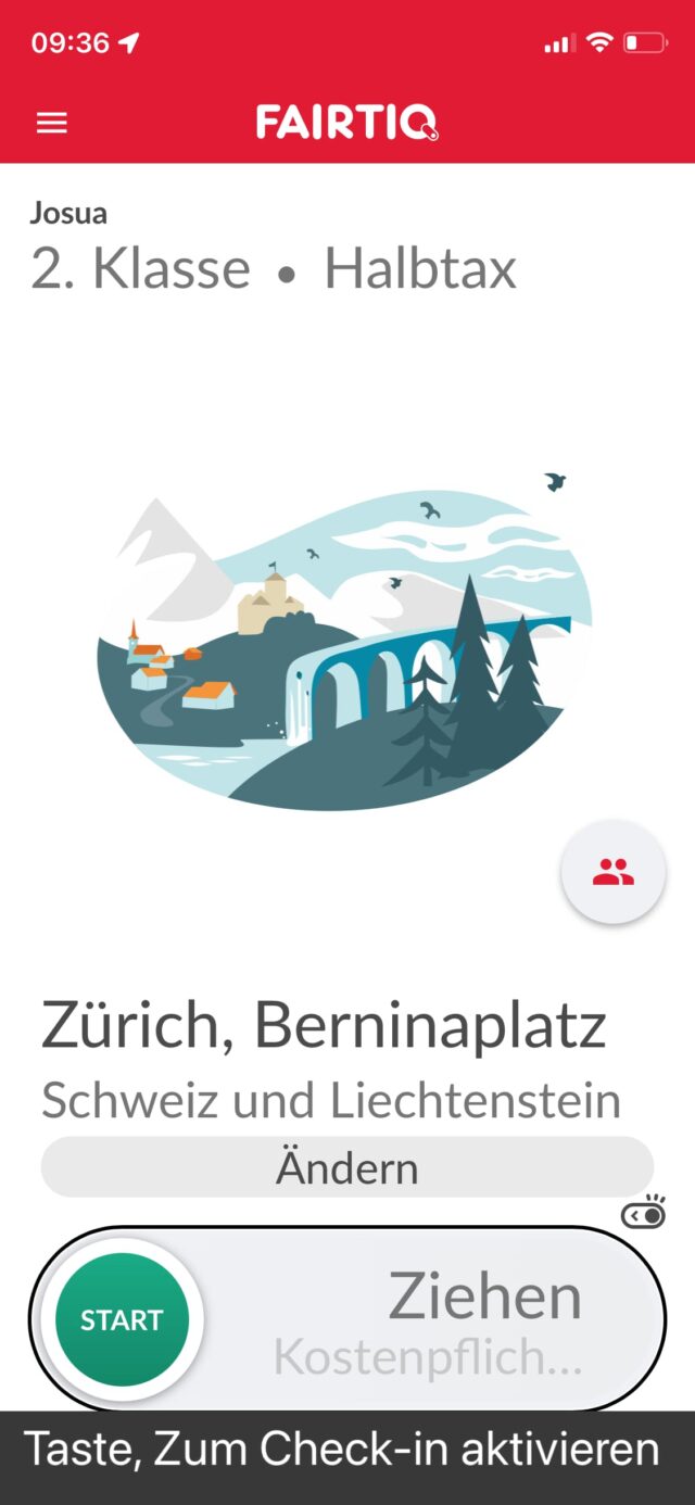 Die Abbildung zeigt den Bildschirm der Fairtiq-App. Am unteren Bildschirmrand ist Schalter zum Starten der Reise prominent sichtbar.