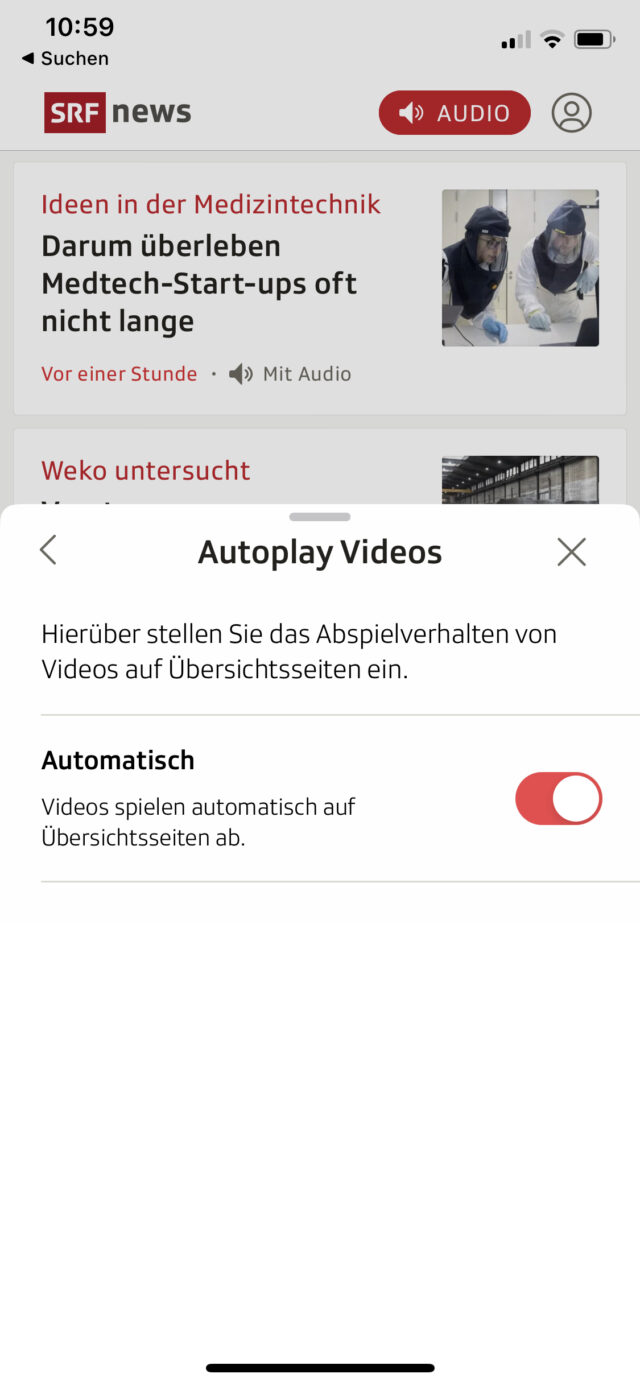 L’illustration montre la zone des paramètres de l’application «SRF News» pour Autoplay Videos. Un bouton est visible pour activer ou désactiver la lecture automatique sur les pages d’aperçu. Le bouton est activé.